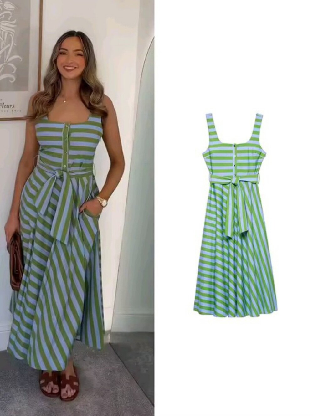 Woman Belt Long Dress Buttons Decoration Summer Female Elegant Sleeveless Wide